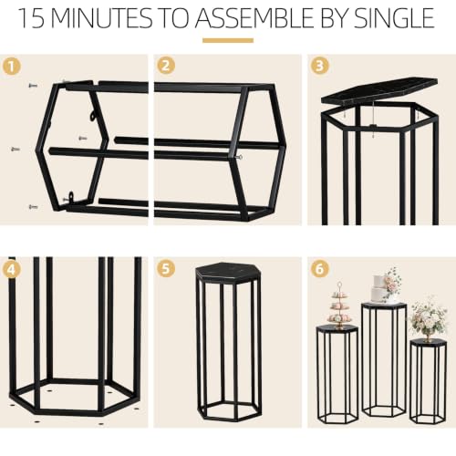 Urban Deco Set of 3 Black Hexagon Metal & Wooden Marble Party Stands