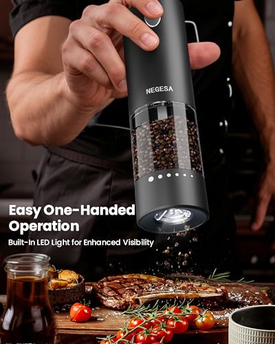 Electric Salt and Pepper Grinder Set with Rechargeable Base - Black, 6-Level Coarseness