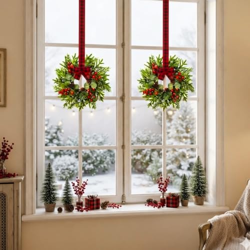 JUSTOTRY 2pc Mini Christmas Wreath with Red Berry Pine Eucalyptus - Kitchen Cabinet Window Decor