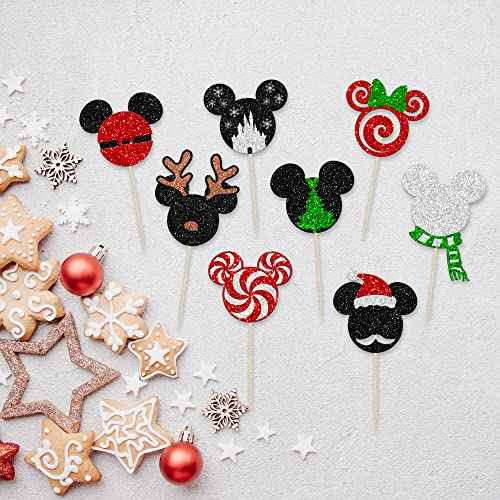 24Pcs Glitter Mini Mouse Inspired Christmas Cupcake Toppers Snowflake Deer Santa Hat Mini Christmas Cupcake Picks Decorations for Merry Christmas Theme Party Supplies