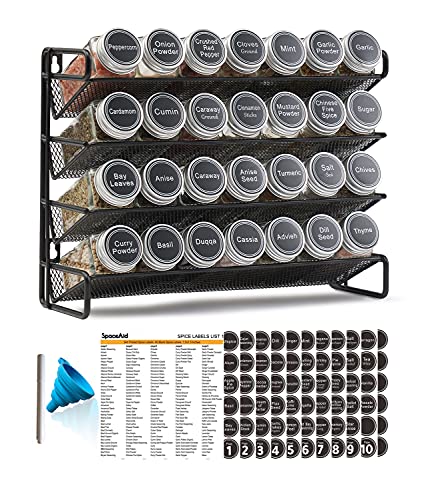 13.4W x 10.8H Black Spice Rack Organizer with 28 Jars & Labels - Wall Mount