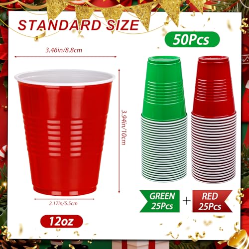 WELLIFE 50 Pack Christmas Red & Green Plastic Party Cups 12 oz - Disposable Water Cups for Holiday Events