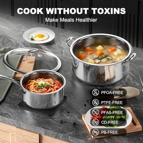 8-Piece Stainless Steel Cookware Set with Lids - Soup Pots & Saucepans