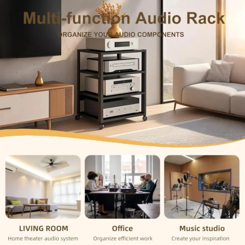 Black 3-Tier AV Media Stand, Heavy Duty Audio Rack Tower, Adjustable Shelves