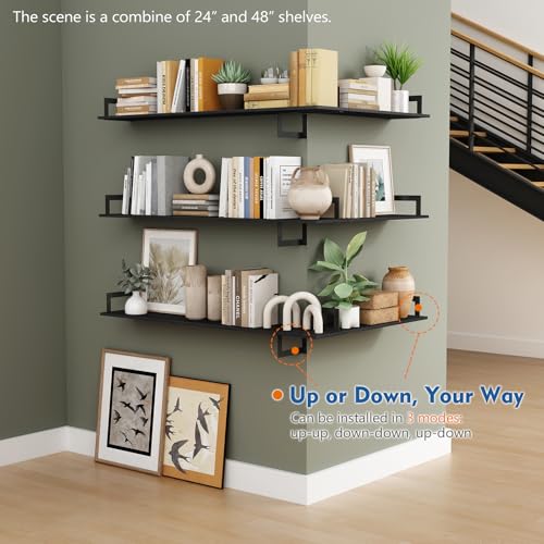 Black Wall Shelves Set of 3 - 24 x 8 Inch Floating Shelves for Bedroom & Living Room - Variation: 24 x 8 Inch / Black