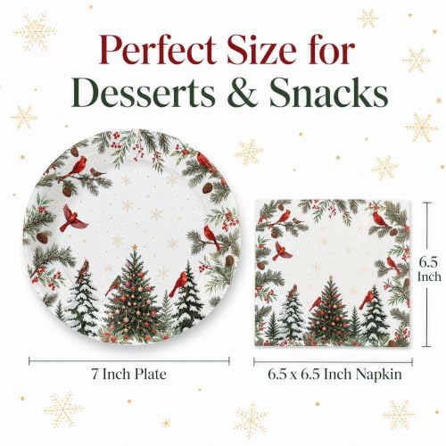 Christmas 50 Pcs Plates & Napkins Set - Cardinal Holiday Tableware, 7 Inch