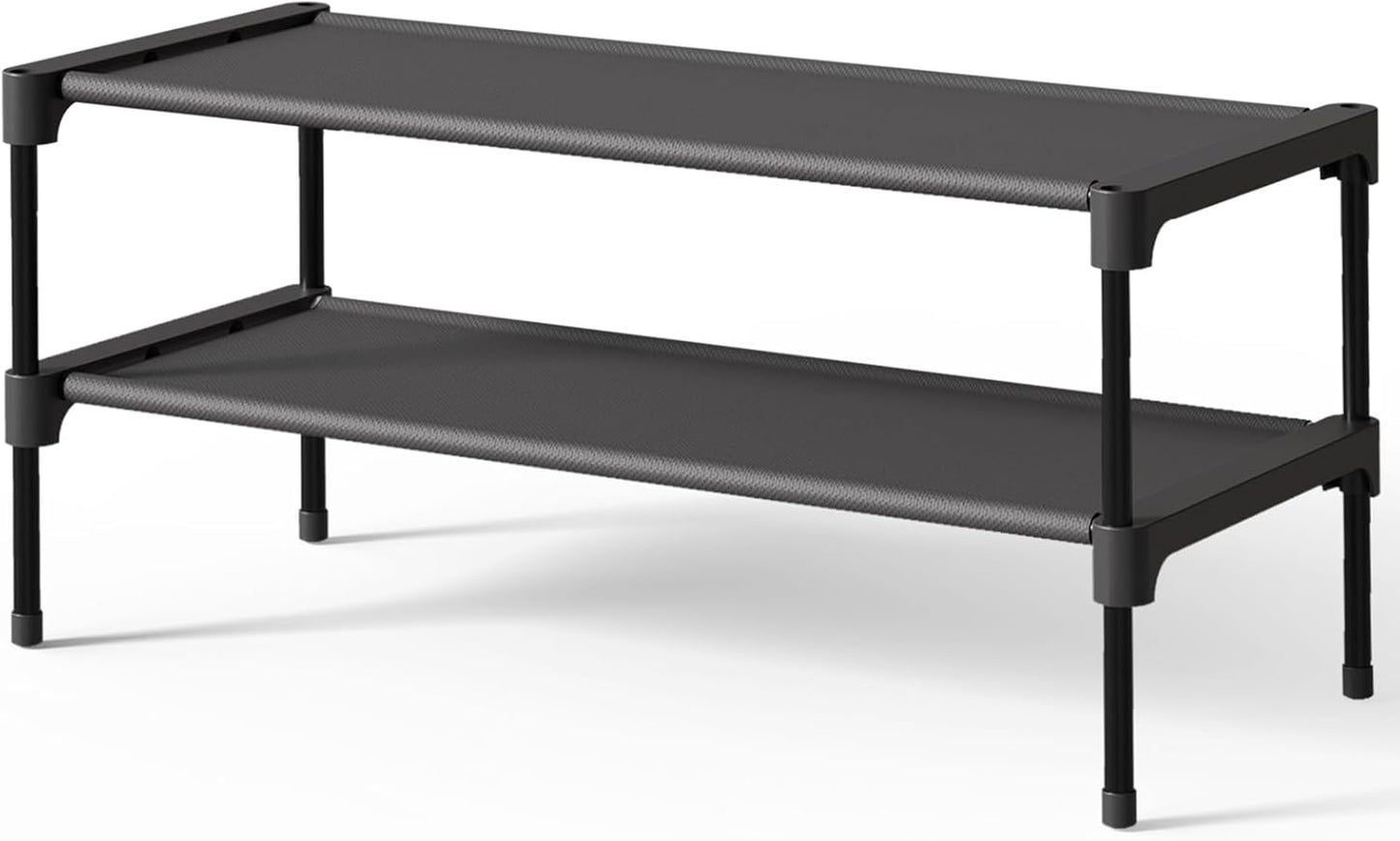 Kitsure Shoe Rack - Stackable Non-Woven Shoe Organizer for Closet & Entryway - 2 Tier, Black, 27.5" Wide