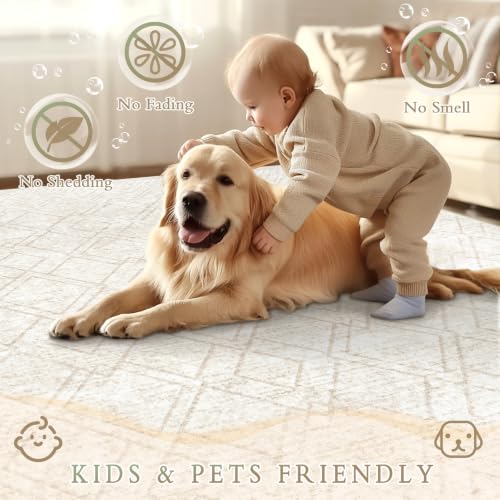 TENGTENGLINK Beige 8x10 Washable Geometric Area Rug - Non-Slip Indoor Carpet for Living Room & Bedroom