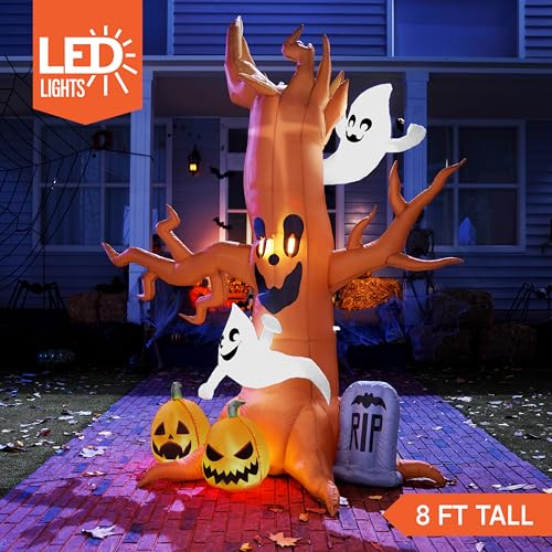 8FT Halloween Inflatable Scary Tree with Ghost, Pumpkins & Tombstone - LED Yard Decor