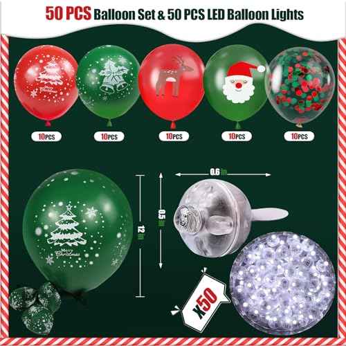100 PCS Light Up Balloons Set, 50 PCS 12 Inch Ballons & 50 PCS Led Balloon Lights, Christmas Balloon Decorations, Glow in the Dark for Christmas Holiday Party Decoration
