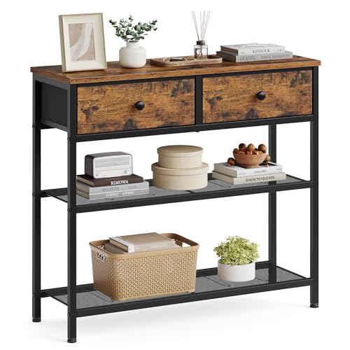 SONGMICS Rustic Brown Console Table with 2 Fabric Drawers - Narrow Entryway Furniture 11.8"D x 30.2"W x 31"H