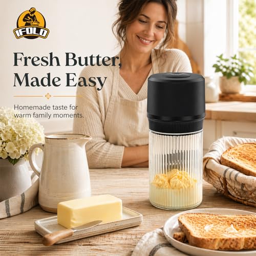 Electric Butter Churn with Stripes - 34oz Glass Jar, One-Touch Cream Maker