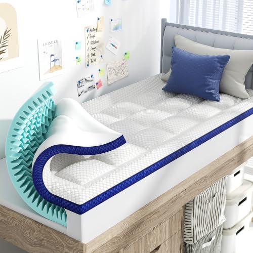 BEDELITE Twin XL Memory Foam Mattress Topper 4 Inch Dual Layer Cooling Bed Accessory White