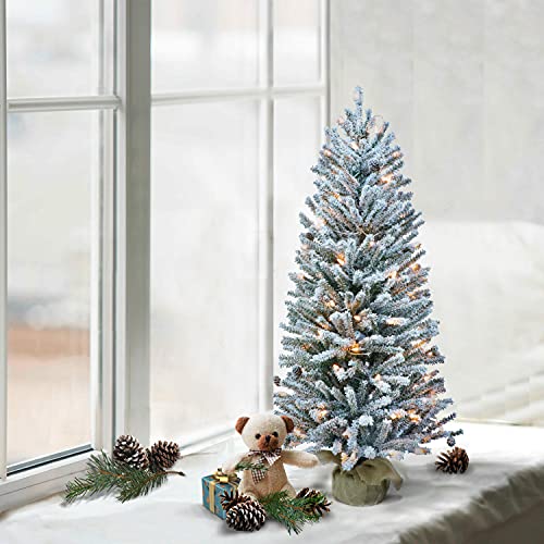 Puleo International 3' Flocked Fir Artificial Christmas Tree with 50 Clear Lights, Pine Cones