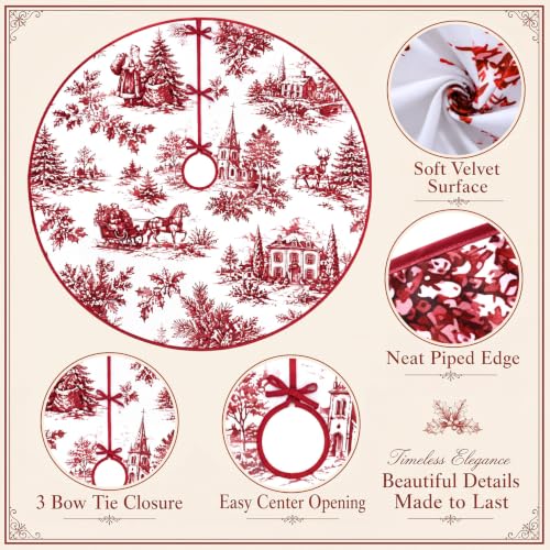 Foilswirl 48'' Red Toile de Jouy Christmas Tree Skirt - Vintage Santa Scene