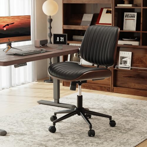 Black Armless Office Chair - Modern PU Leather Swivel Desk Chair with Walnut Bentwood Back & Height Adjustment - Set of 1
