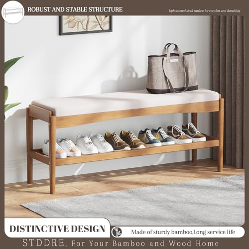STDDRE Bamboo Shoe Bench with Padded Seat, 2-Tier Entryway Organizer, Brown-Beige, 39.4 x 11.4 x 16.5 inches