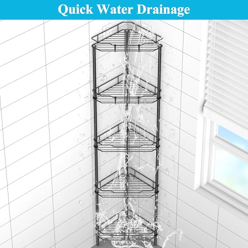 HuggieGems 5-Tier Black Corner Shower Caddy Organizer Stand with Hooks