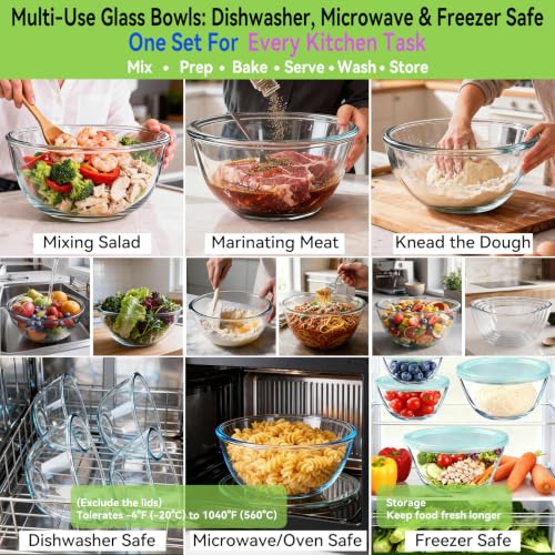 YUANYE 5-Pack Glass Mixing Bowls with Lids Set, Thick Borosilicate, Nested Kitchen Bowls for Cooking & Baking
