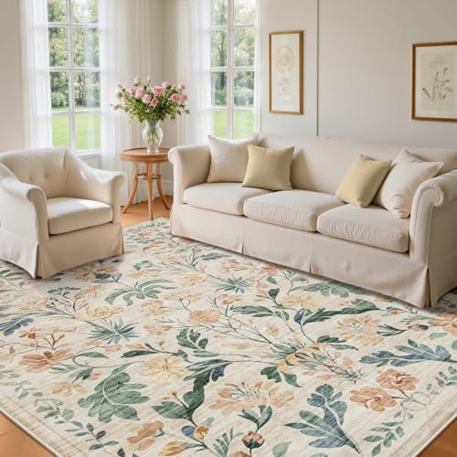 Beige 8x10 Boho Floral Washable Area Rug for Living Room & Bedroom