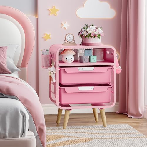 Pink Nightstand with Storage Drawers & Hanging Basket for Kids Rooms