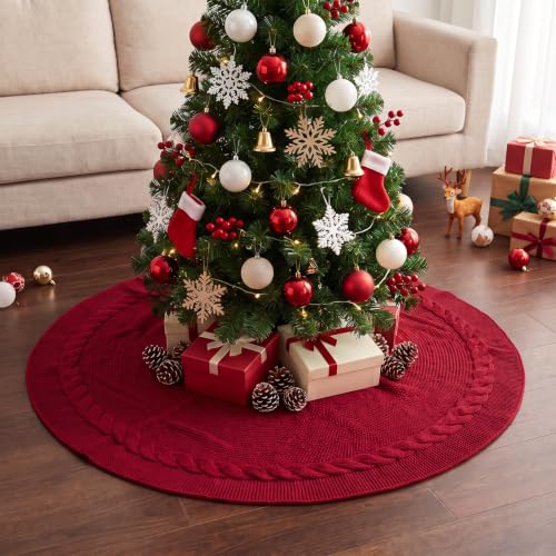 Benjia 60 Inch Red Knitted Christmas Tree Skirt for Large Artificial Trees