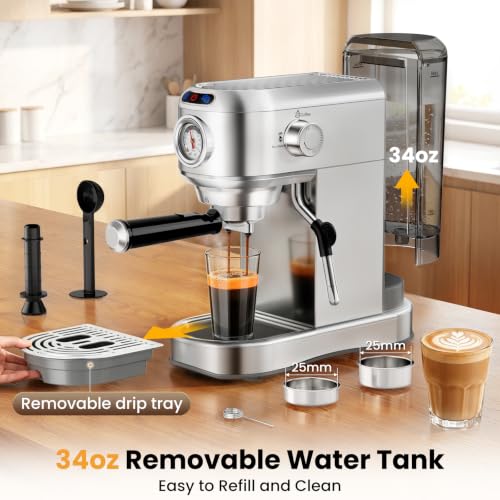 AERCANA Silver 20 Bar Espresso Machine with Milk Frother - Compact Coffee Maker