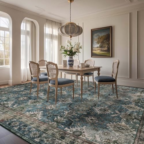 Blue Vintage Living Room Rug 9x12 Carpet with Non-Slip Backing - Washable & High Traffic