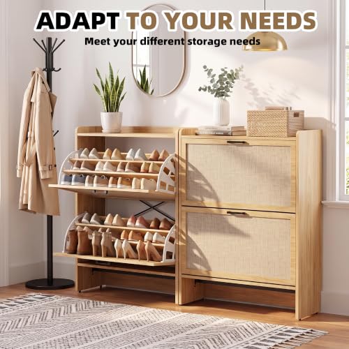 Natural Shoe Storage Cabinet with Flip Drawers & Slim 3-Tier Rack - Small Entryway Organizer