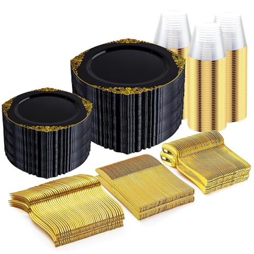 Black and Gold Disposable Dinnerware Set for 100 Guests - Baroque Style Plates and Utensils
