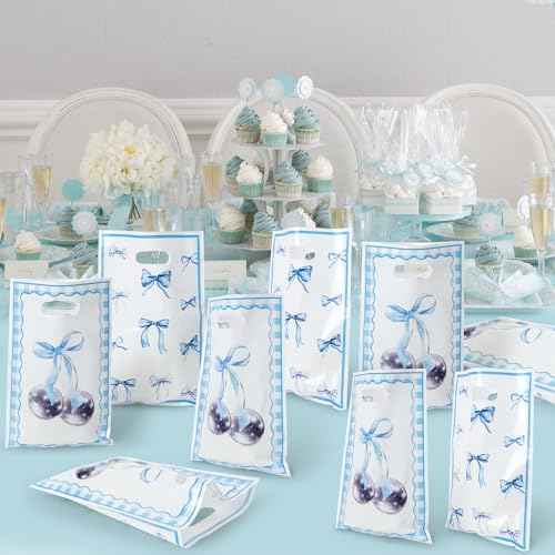 Blue Bow Party Favor Bags - 50Pcs Coquette Bow Knot Themed Goody Candy Treat Gifts Bags, Blue Theme Party Decorations for Kids Girls Women Birthday Wedding Bridal Shower Supplies