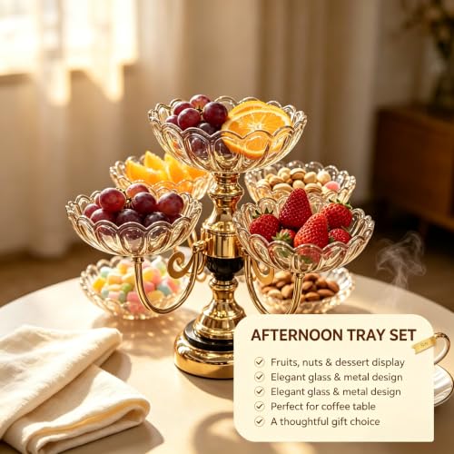 Rotatable 5 Plate Amber Glass Fruit Serving Stand with Gold Metal Frame