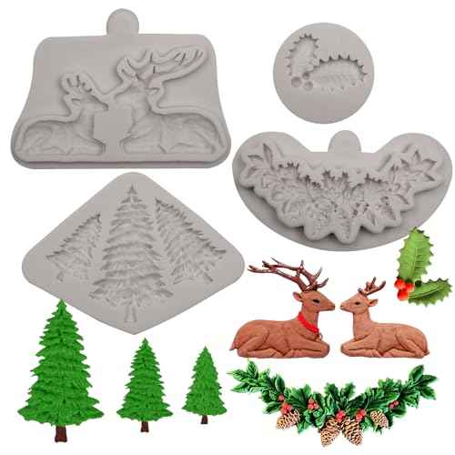 Christmas Reindeer Silicone Molds Set, Reindeer and Pine Tree Fondant Molds, Holly Leaves Cake Decorating Tools