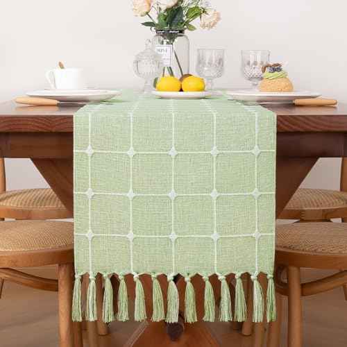 MLMC Sage Green Embroidered Lattice Fall Table Runner 48 Inches Plaid Rustic Checkered Table Runner with Tassels Farmhouse Table Decor 13"x 48" for Thanksgiving Christmas Dinning Table Bedroom Decor