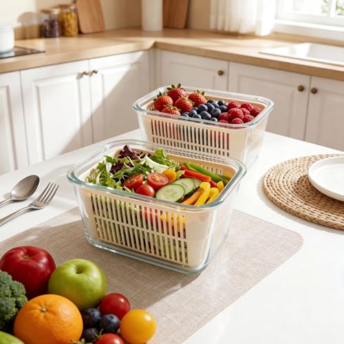 Urban Green Ivory White Glass Food Storage Containers Set with Lids & Colanders, 60oz, Leakproof, Microwave Safe, BPA Free - 2 Pack