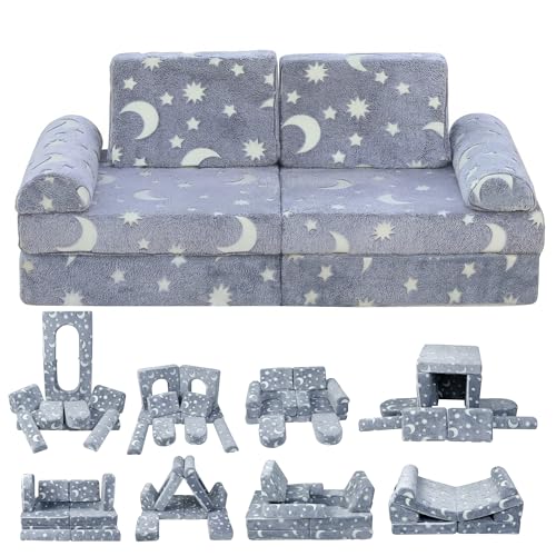 Kids Modular Play Couch Set with Glow in the Dark Stars - 10 Pieces for Imaginative Playroom & Bedroom