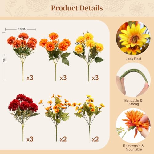 A-16pcs Fake Mums Artificial Fall Flowers for Outdoors Planters Decor - Flortevera