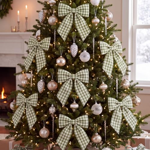 Olive Green & White Gingham Ribbon Bow 4.5" (12 Pcs) with Elastic Tie - Wavyknot