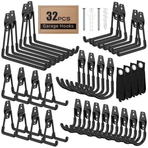 Heavy Duty Wall Mount Garage Hooks - 32 Pack Black with Non-Slip PVC Cover