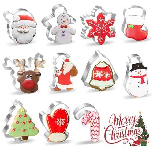 Christmas Cookie Cutters, 11 pieces Cookie Cutters Shape Set Stainless Steel Biscuit Cutters Mold with Snowflake, Snowman, Bell and More for DIY Christmas Food Party Baking Decorations Supplies