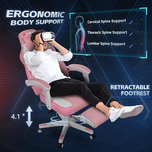 Pink Leather Gaming Chair with Footrest & Massage Lumbar Support - Big & Tall, 360° Swivel, Adjustable Height