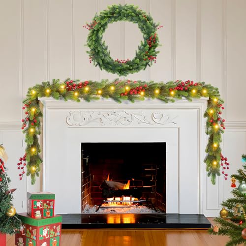 Amazqi 6FT Pre-Lit Christmas Garland with Red Berries, 30 LED Lights & 8 Modes