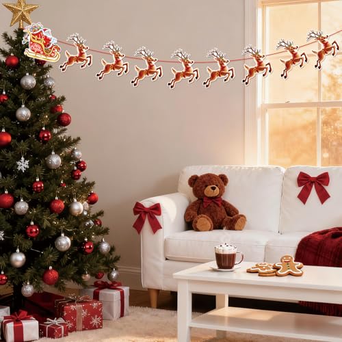 Christmas Banner,2 Set Pre-Strung Santa and Reindeer Bunting Garlands for Merry Christmas Party Decorations,Inside,Home, Office,Fireplace,Wall,Window Hanging Decoration,Xmas Holiday Decor Supplies