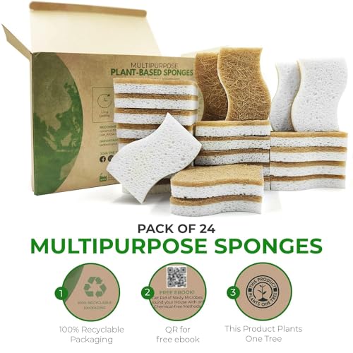 Natural Kitchen Sponges 24 Pack - Plant-Based Cellulose & Coconut Scrubber - Eco-Friendly Non Scratch & Compostable Dish Sponges - Variation of THIS listing 24