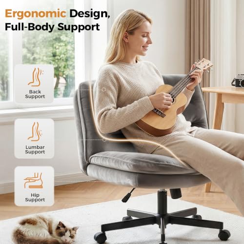 Gray Velvet Cross Leg Office Chair with Wide Seat & Swivel - Armless Vanity Seat