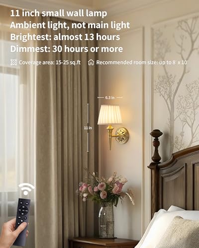 Gold & Beige Cordless Wall Sconces Set of 2 - Dimmable Fabric Lamps with Remote