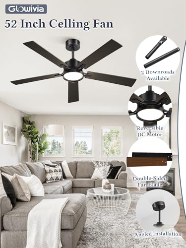Glowivia 52 Inch Black Ceiling Fan with Lights, Remote & App Control, DC Motor