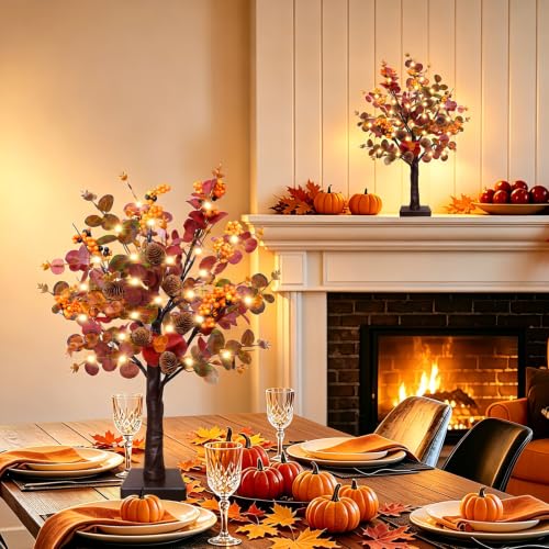TURNMEON 2 Pack 18-Inch Prelit Fall Trees with LED Lights & Timer