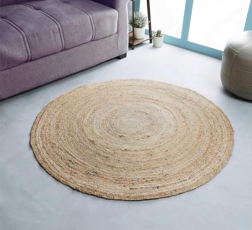 Hausattire 4ft Round Natural Jute Braided Area Rug - Handmade, Durable, Reversible