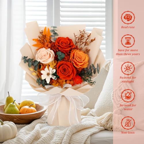 Preserved Orange Roses Bouquet - Long-Lasting Real Flower Arrangement with Vase